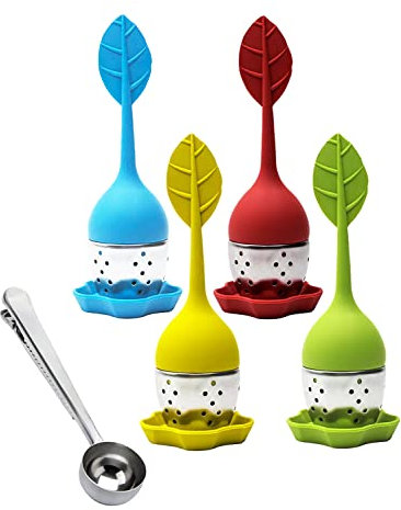 Teesieb Tee-Ei 4 Stück Teefilter aus Edelstahl und Lebensmittel Silikon Teeei für losen tee lustig, Edelstahl Messlöffel mit Clip