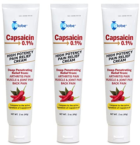 Globe (3 Pack) Capsaicin 0.1% High Potency Pain Relief Cream, Unscented (2 oz) Deep Penetrating Relief from: Arthritis, Muscle, Joint and Back Pain