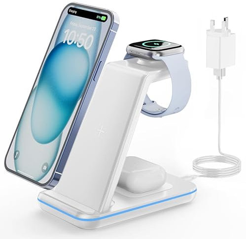 GEEKERA Wireless Charger Stand, 3 in 1 Wireless Charging Station for iPhone Air/17/16/15/14/13/12/11/XS/XR/X/8, Fast Charging Stand for Apple Watch Ultra 3-2, Docking Station for AirPod Pro-2, White