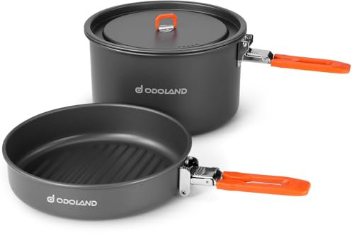 Odoland Camping Geschirr Set mit Camping Topf 1.9 L, Camping Bratpfanne 0.86 L, Camping Kochset für Camping Outdoor Kochen Wandern Reisen