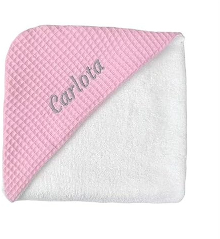 CARREDANA Capa de baño para Bebe 100% Algodon 75x75cm .Toalla de baño con Capucha suabe .Regalo recién Nacido. Multiusos.Personalizado con Nombre Bordado (Waffle Rosa)