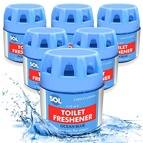 SOL 6pk x 70g Toilet Fresheners, Ocean Scented Blue Cistern Blocks, Last 1000 Flushes, Prevents Limescale, Cleans Rims, Strong Air Freshners and Loo Cleaner for Bathroom Air, Room, Home Airfreshener