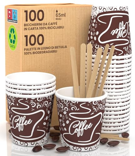 Lot de 100 verres en papier pour café 65 ml BrownCUP verres écologiques biodégradables et jetables petits emporte-pièces chaudes + 100 palettes en bois de bouleau