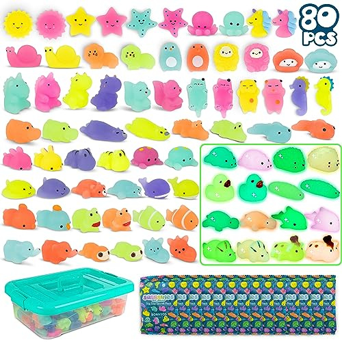 BONNYCO Mochi Squishy Set Mitgebsel Kindergeburtstag Gastgeschenke, 80 Stück Kleine Geschenke für Kinder sie Leuchten im Dunkeln. Mitbringsel Kindergeburtstag Gastgeschenk, Pinata Füllung
