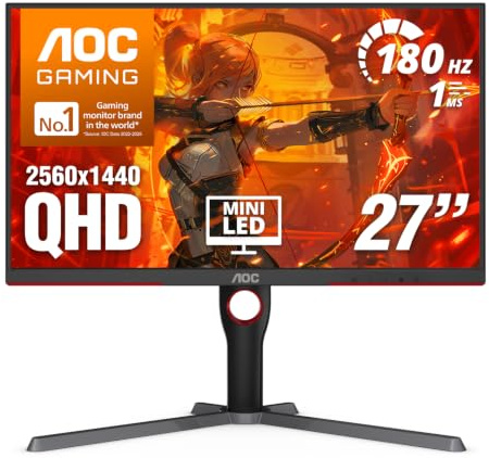 AOC Q27G3XMN 27 QHD Gaming Monitor, 2560x1440, Mini LED, 180Hz 1ms GtG, HDR 1000, sRGB137.5%, HDMI 2.0 x 1, DisplayPort 1.4 x1, Adaptive Sync, 3-Year Zero-Bright-dot