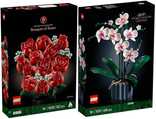 Lego 10328 Bouquet de roses et 10311 Orchidée - Ensemble de fleurs Lego - 17 pièces - Pour adultes