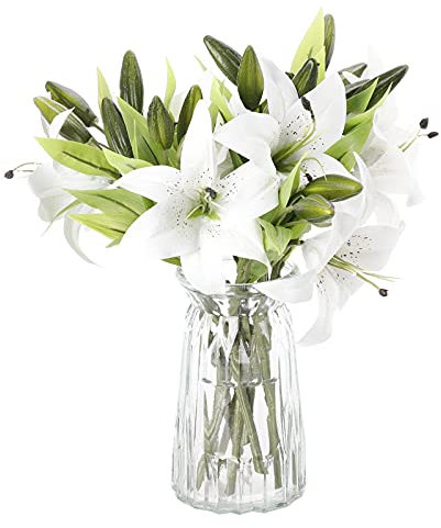 6 Pezzi di Fiori di Gigli Artificiali, Bouquet di Fiori di Gigli Finti a Stelo Lungo, Fiori di Giglio Finto, Fiori Artificiali Sfusi per la Casa, la Tavola, il Matrimonio, L'arredamento del(Bianco)