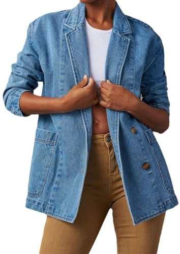 LApooh Blazer in Denim Giacca in Denim da Donna, Colletto con Revers Classico Casual da Lavoro Ampio, Giacche di Jeans A Maniche Lunghe con Bottoni, Giacca di Transizione Leggera Vintage, S