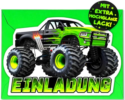 12x Monstertruck EINLADUNGSKARTEN KINDERGEBURTSTAG Junge Mädchen + 12x Umschläge - die Monster Truck PARTY Karten sind die Monstertruck EINLADUNG für Jungen Kinder GEBURTSTAG Auto GO-KART Spielzeug