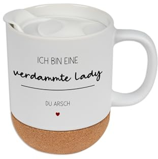 CreaDesign, Tasse Kork weiß mit Spruch ich bin eine verdammte Lady, Kaffeetasse Korkboden, 330 ml
