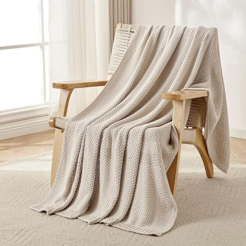 Joydeco Chunky Cable Knit Throw Blanket, Lightweight 100% Organic Cotton Soft Cozy Throw Twin Blanket for Couch Bed and Sofa, Rustic Breathable Farmhouse Blanket Gift for Women Men(Beige, 60x80)