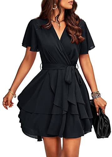 TcIFE Women's Casual Dress Deep V-Neck Short Sleeve Waist Tie Ruffle Chiffon Elegant Mini Short Swing Skater Dresses, Black, M-1