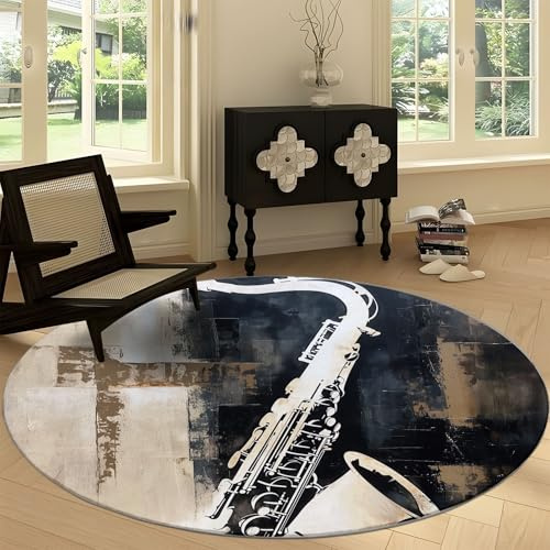 Runde Teppiche 100 cm, Waschbarer Runder Teppich für das Wohnzimmer, Musik Saxophon Rutschfester Niedrigflor-Teppich, Weicher Abstrakte Malerei Teppich für Schlafzimmer