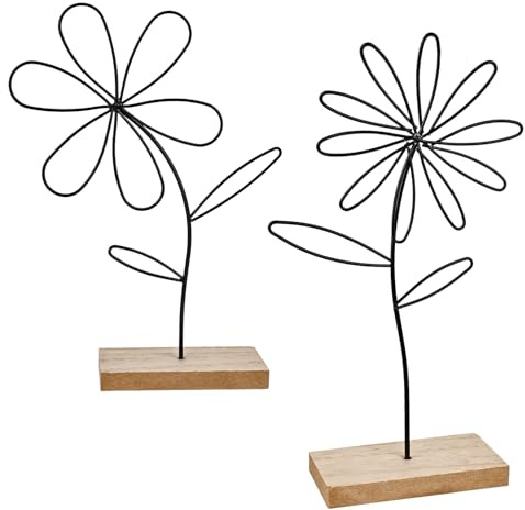 Aufsteller Blume Frühling Sommer Holzdeko - 2er Deko-Baum Aufsteller Metall Holz Schwarz Deko Wohnzimmer Modern für Frühlingsdekoration Innen Esstisch Tischdeko Hinstellendeko Fensterban