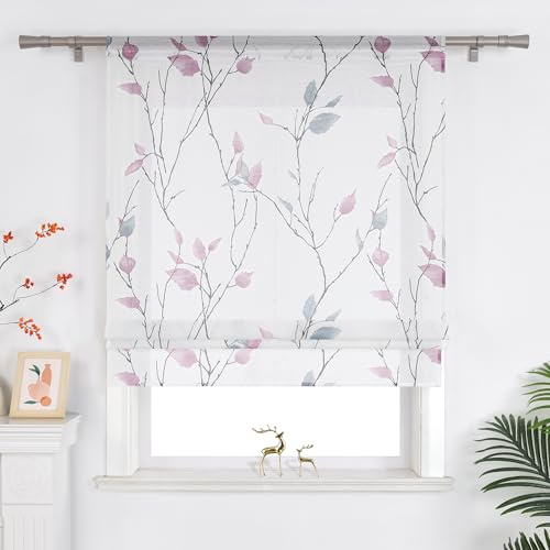 Joyswahl Raffrollo mit Tunnelzug Landhausstil Raffgardinen Wohnzimmer Weiß Fenster Vorhänge Transparent mit Blatt- und Blumenmuster BxH 80x140 cm Violett 1er Pack