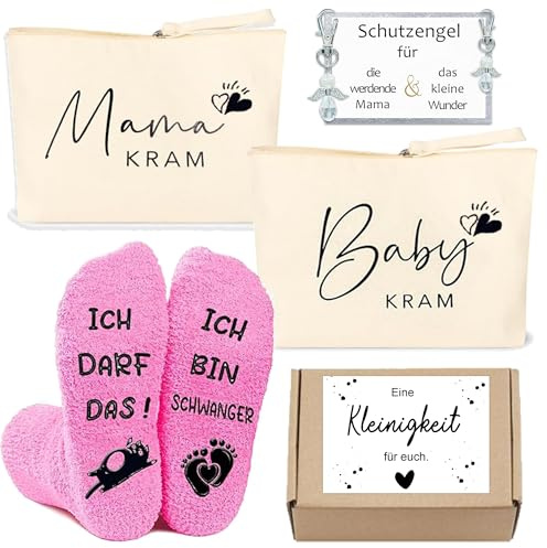 Geschenke Für Werdende Mutter Schutzengel Schlüsselanhänger,Schwangerschaft Rosa Socken,Schwangere Mutter Beutel mit Reißverschluss Babyparty Geschenke für Mama