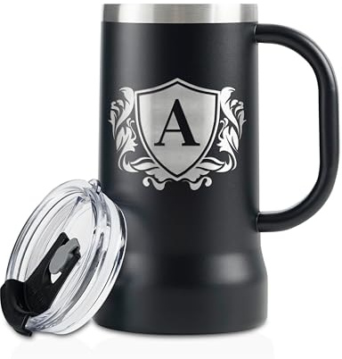 Onebttl Personalised Beer Stein – Custom Monogram Beer Mug with Handle, 24oz Double-Walled Stainless Steel – Gift for Beer Lovers, Dad, Him – Birthday, Holiday - Letter A
