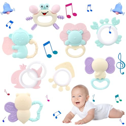 8er-Pack Beißring Baby,Zahnungshilfe mit Glöckchen Baby Spielzeug 0 monate Silikon Zubehör Für Jungen Und Mädchen