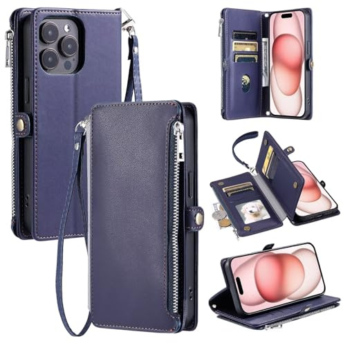 WOWUDI Funda para Moto G22,Billetera de Cuero PU con Ranuras para Tarjetas,Bolsillo con Cremallera,Correa de Muñeca y Bandolera, Funda Protectora -Azul