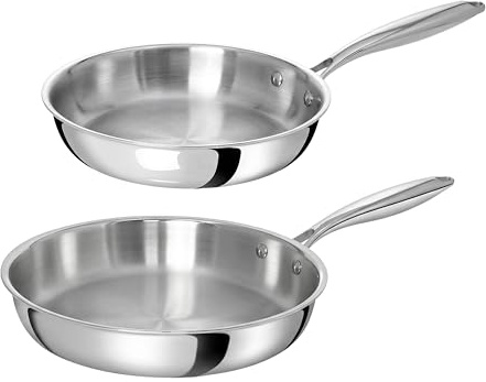 TeCuisine – Set di 2 padelle in acciaio inox 18/10 triply – 24 cm – 28 cm – senza rivestimento – senza PFAS, PFOA, PTFE – Compatibile con tutti i fornelli a induzione – Manico rivettato freddo