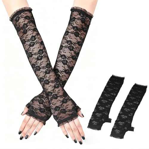 Cfcyhla Long Lace Gloves,Black Lace Gloves for Women,Silk Hand Sleeves,Fingerles Elbow Length Evening Gloves for Wedding Halloween Party Costumes