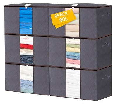 BARGAIN FACTORY 6 Pack Storage Bags, 90L Large Capacity Under Bed Grey Fabric Boxes with Lid, Heavy Duty Zip, Clear Window, Reinforced Handles, Bedding, Duvet Storage, Modern Style, Stackable