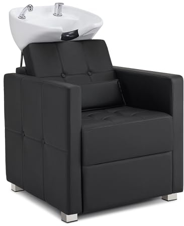 BarberPub Friseurstuhl mit Waschbecken, Friseurwaschbecken aus Keramik Verstellbar, Rückwärtswaschsessel Friseurwaschsessel für SPA Salon, Friseur Waschplatz W8010 (Weiß/Kunstleder)