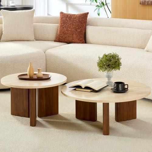Home-Heaven® Couchtisch Rund Travertin mit Braun Holz – Set von 2 Ø76 cm & Ø58 cm