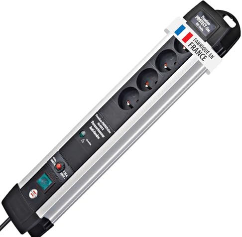Brennenstuhl Multiprise Premium Protect-Line Alu, 4 prises, avec parasurtenseur et 3m de câble (60.000A), Fabrication Française