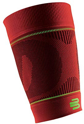 BAUERFEIND, 1 Paar Sport Kompressions-Oberschenkelbandagen, Unisex, Rechts und links tragbar, Für Ball- und Ausdauersportarten, Stärkung der Muskulatur, Gr. M lang, Rot, 29345723500032