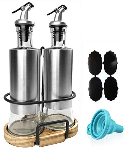 Upra Olive Oil and Vinegar Bottle Set, 2-piece Container Set with Rack and Wooden Base, 10.3 Oz |No-Drip Double Spouts|Dishwasher-Safe Glass Cooking Oil Cruet Bottles