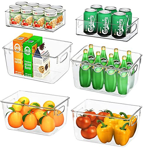 Finew Fridge Storage Organisers - 6 Pack (4 Large & 2 Small) Clear Refrigerator Storage Boxes with Handle, Stackable Fridge Organizers for Cupboard, Kitchen, Pantry - BPA Free Containers