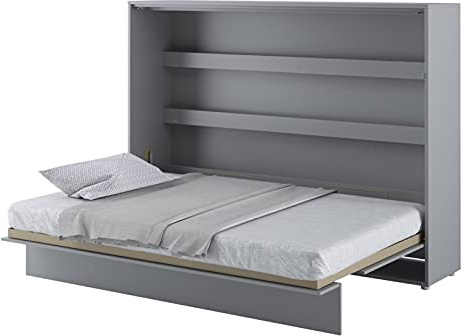 Arthauss Multifunctional Horizontal Wall Bed - Fold Down Bed with Soft Close System and Functional Shelves - Practical Murphy Bed Alternative for a Modern Home 140 x 200cm in Grey Matt