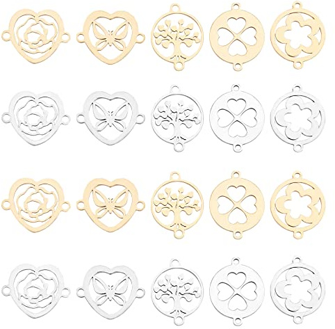 SUNNYCLUE 1 Scatola 20 Pezzi 5 Stili Connettori in Acciaio Inox Charms Albero della Vita Links Hollow Rose Flower Cuore Farfalla Trifoglio con Doppi Passanti per Forniture Artigianali