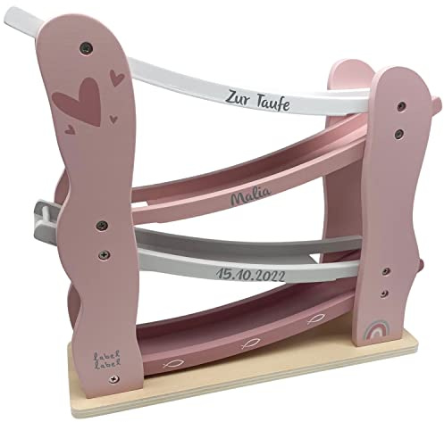 KIDSLINO Personalisierte Holz Kugelbahn Tauf Version I Kugelbahn ab 1 Jahr I hochwertige Murmelbahn Baby in rosa I Rollbahn für Kinder I Geschenk zur Taufe I Maße: 30 x 30 cm