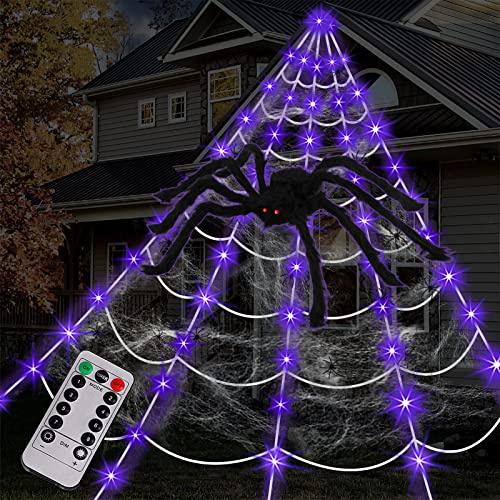 Spider Web Halloween Decorations Outdoor Lights, 125 Purple LED Light Up 16.4Ft Giant Spiderweb & 60 Large Spider & 22 Small Spiders & 20g Stretch Cobweb, 8 Modes Lighted Decor for Yard Outside