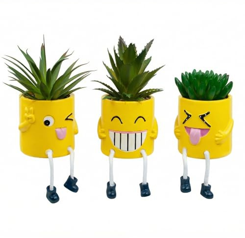 3Pcs Cute Fake Plants Small Potted Succulents with Yellow Pot, Creative Artificial Succulent Plants in Hanging Leg Fun Pot, Mini Vibrant Faux Plant for Home Office Desk Decor and Gift Choice