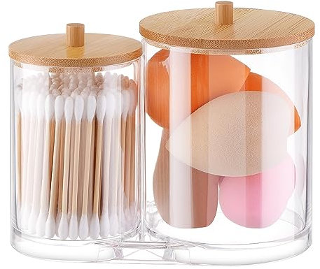 Supporto 2 in 1 per Palline di Cotone Acrilico Trasparente - Dispenser Qtip per Tampone, Cuscinetti Rotondi, Filo Interdentale - Organizer da Bagno