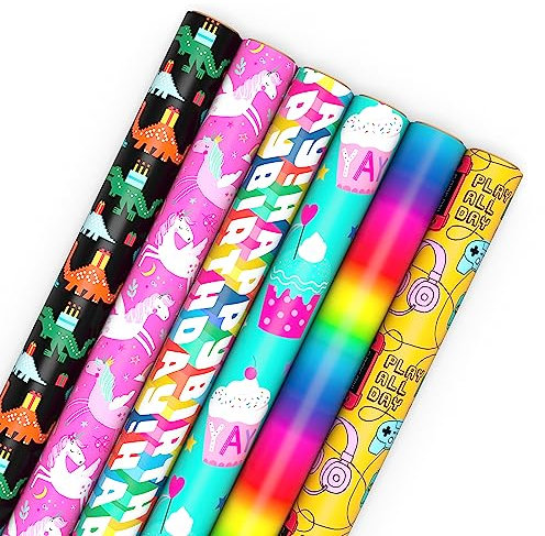 Hallmark Geschenkpapier für Kinder mit Schnittlinien auf der Rückseite (6 Rollen: 180 m² insgesamt) Dinosaurier, Einhörner, Regenbogen, Videospiele