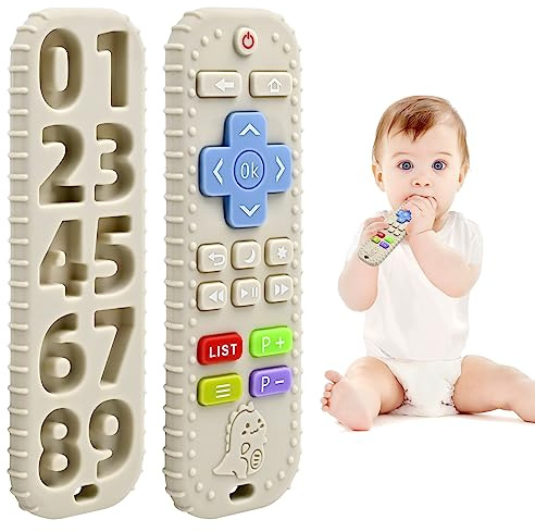 Zahnen Beißringe Spielzeug für Babys 3-6-12 Monate Geschenke, Fernbedienung Baby Zahnungshilfe für 3 6 9 Monate Kleinkind Autismus, Lebensmittelqualität Silikon Badespielzeug, Beige