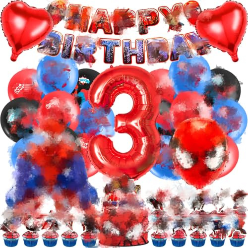 Heartsking Party Decorations, Spider Birthday Balloons Decorations for 3rd, Happy Birthday Banner and Cake Topper, Theme Party Decor for Kids Boys Girls