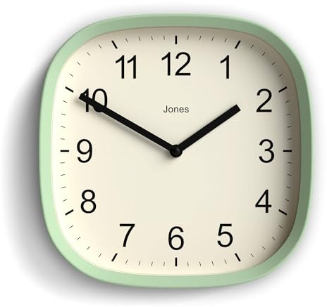 JONES CLOCKS® Sprite Wanduhr | Moderne Retro runde, quadratische Uhr | 25 cm | Neo-mintgrün | Leicht lesbare Zahlen | Perfekt für küche oder büro