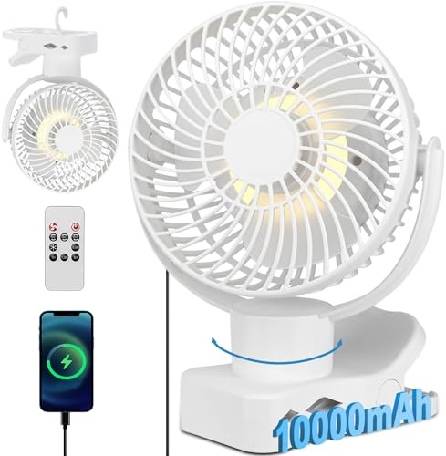 Oscillationsklämma fläkt med fjärrkontroll – bärbar USB-bordsfläkt med 10 000 mAh batteri – tyst campingfläktar med timerfunktion och 4 steg – LED-belysning – minifläkt 75 timmar – Ø 17,5 cm (Vit)