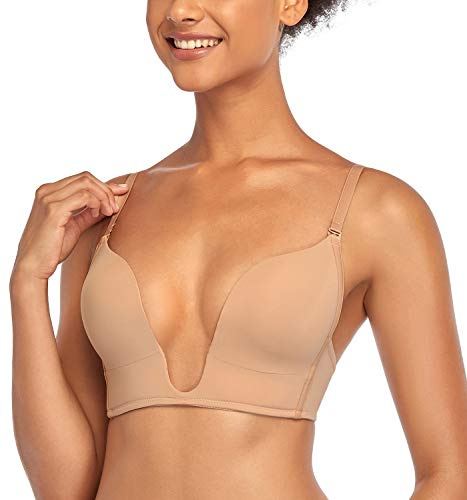 DotVol Women's Deep Plunge Convertible Push up Low Cut Seamless U Bra(32D, Beige)