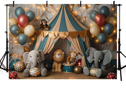 MEHOFOND 2,1 x 1,5 m Circus Photography Sfondo Tenda Palloncini Luci a Stringa Animale Ritratto Sfondo Baby Shower Torta Smash Bambini Festa di Compleanno Carnevale Decorazione Banner Photo Booth