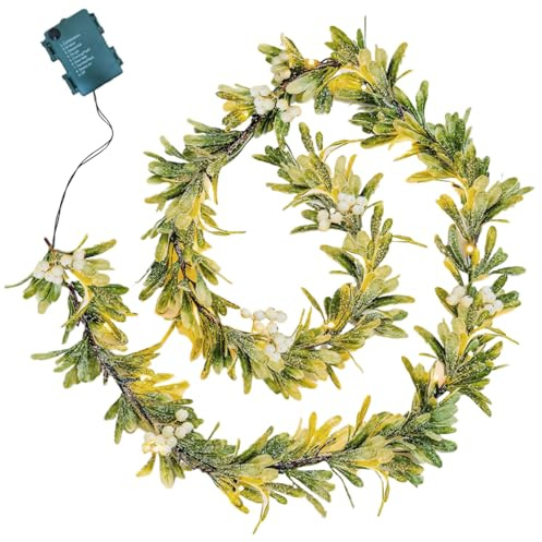 Weihnachtsgirlande, Mistelgirlande 71 künstliche Weihnachtsgirlande Mistel gefälschte Reben mit Lichtern Dekorative Grüngirlande mit weißen Beeren für Weihnachtstüren (Keine Batterie)