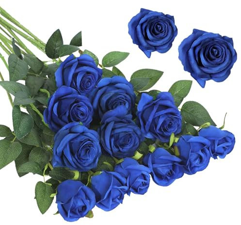 EnixwH 12Pcs Rosen Künstliche Blumen Kunstblumen Deko, 52 cm Realistische Langstielige Künstliche Rosen Seide Kunstrose für Hochzeitsdeko Brautsträuß Heiratsantrag Geburtstag Büro Decor (Blau)