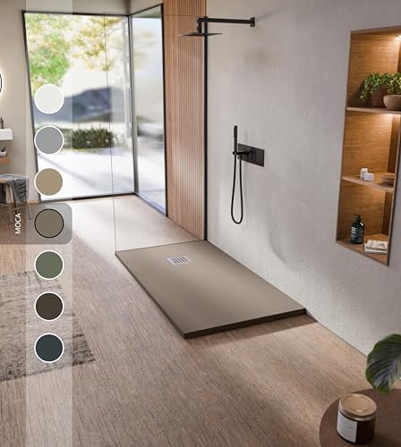 BELLOBATH - Receveur de douche en résine antidérapante - Texture ardoise douce – Avec bonde d’évacuation et grille - Marron moka - 100 X 130 cm