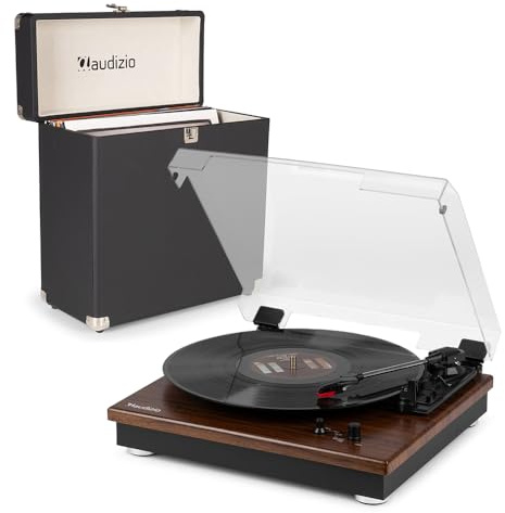 Audizio RP112D Record Player with Bluetooth Output, Dark Wood Vinyl Turntable and Case, Vinyl Player that Can Connect to Wireless Speaker