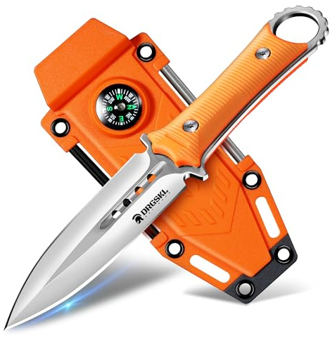 DRGSKL-Outdoor Messer Survival aus D2 Stahl 3-in-1 Funktionen,Orange | Mit Kompass Kydexscheide und Feuerstahl,EDC 9.5cm Klinge, Jagdmesser Mit Feststehende Klinge für Männer Camping Jagen Wandern